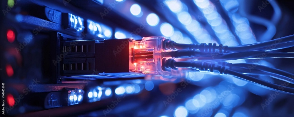 Poster fiber optic cables connecting to network switch in data center