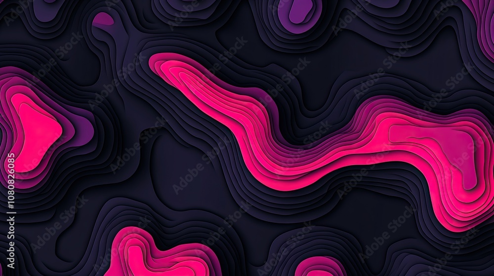 Poster abstract landscape with flowing curves in pink and purple tones on a dark background, creating a dyn