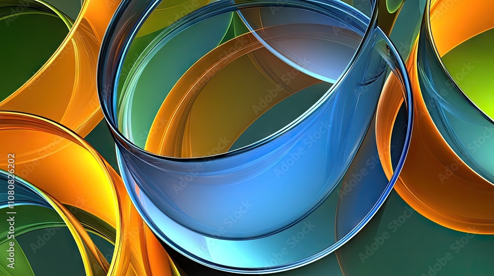 Poster abstract composition of colorful transparent swirls with vibrant green background highlighting fluid