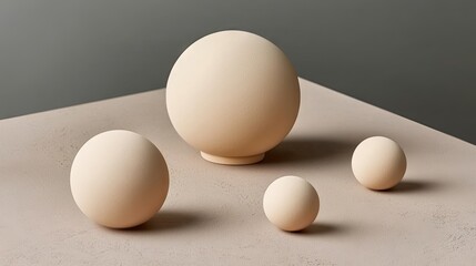Minimalistic Arrangement of Soft Beige Spheres on Textured Surface, Ideal for Backgrounds and Artistic Concepts in Contemporary Design and Interior Decor