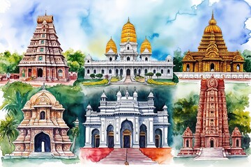 Fototapeta premium Stunning Watercolor Artwork of Iconic Tamil Nadu Landmarks for Recognition Ceremony