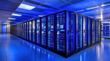 modern data center featuring rows of server racks illuminated in blue light, showcasing advanced technology and sleek design. atmosphere is high tech and efficient