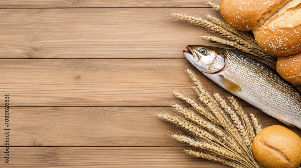 Poster a rustic display of fresh fish and artisanal bread with wheat sheaves on a rustic wooden table invit