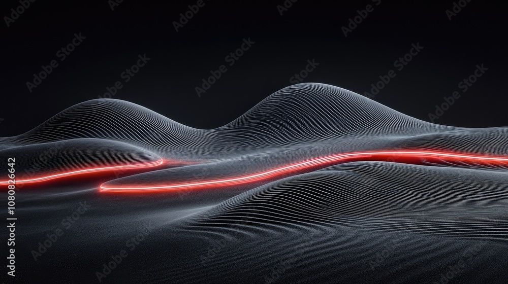 Poster abstract digital landscape with flowing curves and glowing lines, creating a futuristic, serene envi