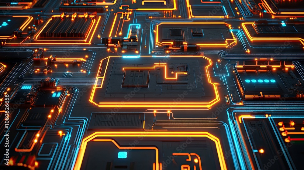 Poster abstract close-up of a futuristic circuit board with glowing orange and blue patterns, showcasing in