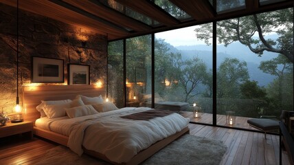 A serene bedroom with large glass walls, surrounded by nature, featuring soft bedding and warm lighting, creating a tranquil and inviting atmosphere.