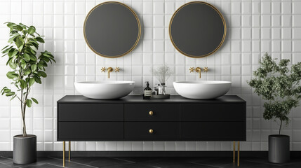White Minimalistic Modern bathroom interior with elegant white double sinks, polished brass faucets against a stylish white subway ceramic tiled wall. Stylish white sink on black stone vanity counter