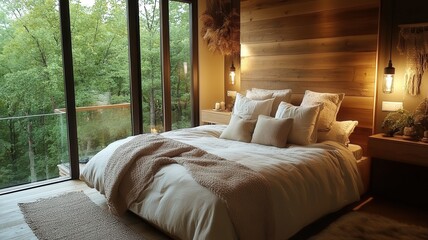 A cozy bedroom featuring a wooden headboard, plush bedding, and large windows with a serene view of greenery outside.