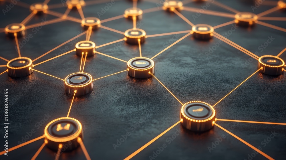 Poster futuristic digital network with glowing nodes and connections representing advanced technology, comm
