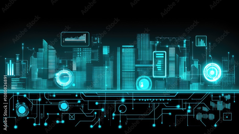 Poster futuristic cityscape with technology elements, digital interface graphics, and data visualizations i
