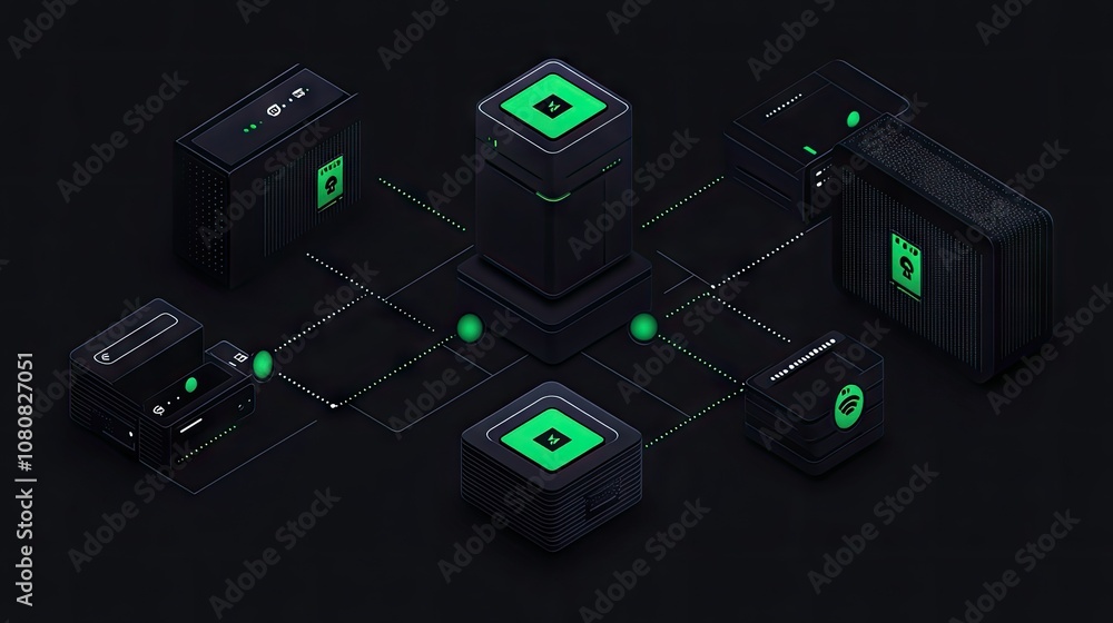 Aufkleber futuristic network architecture illustration featuring connected devices with green accents and dark