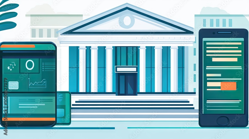 Poster modern finance concept with digital devices displaying financial data in front of an architecturally