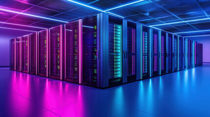 Obraz premium Futuristic data center with illuminated server racks in vibrant colors, showcasing advanced technology and modern design. atmosphere is dynamic and high tech