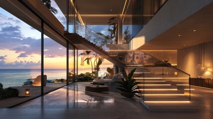A modern, luxurious interior featuring a staircase and large windows with a stunning ocean view at sunset.