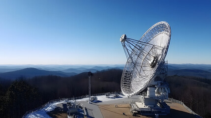 Earth receiving station in a remote desert location, where satellite signals are decoded and transmitted to control centers. The scene symbolizes global connectivity and the seamless flow of informati