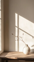 Ceramic vase with dried branch on wooden table with sunlight and window shadows in a minimalist setting.