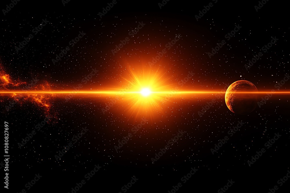 Poster a bright, orange star shines in a dark space, with a small planet in the background.
