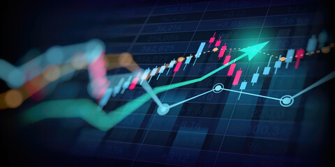 Abstract financial graph with uptrend line arrow and bar chart of stock market on blue color...