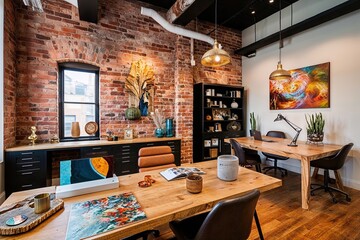 Rustic Brick Creative Studio Interior with Warm Tones Artistic Decor and Functional Workspace Design