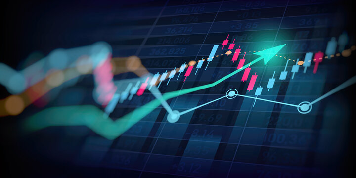 Abstract financial graph with uptrend line arrow and bar chart of stock market on blue color background