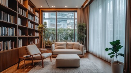 Fototapeta premium A cozy, modern living space with a bookshelf, a comfortable sofa, and large windows letting in natural light.
