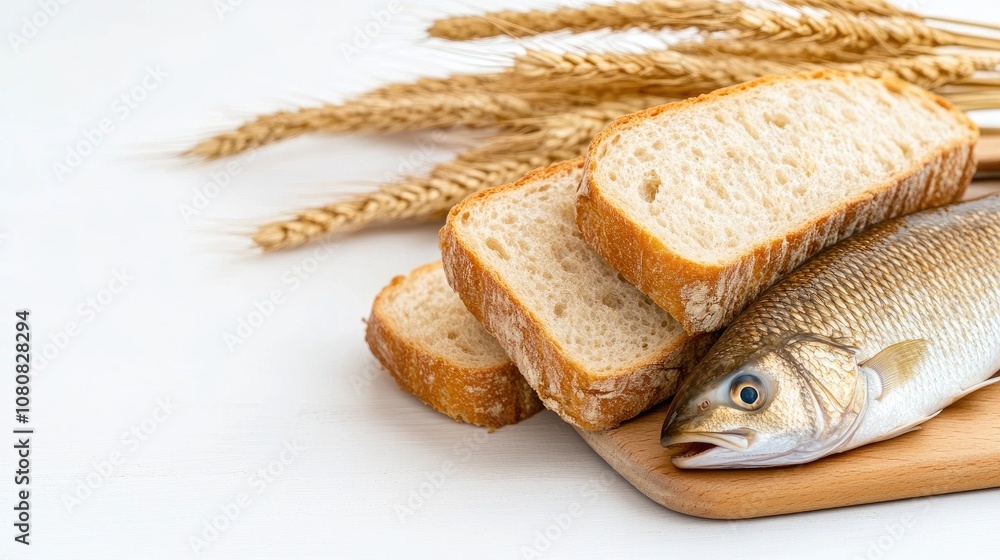Poster Fresh catch of the day: two fish and rustic bread resting on a wooden table with wheat stalks in the background