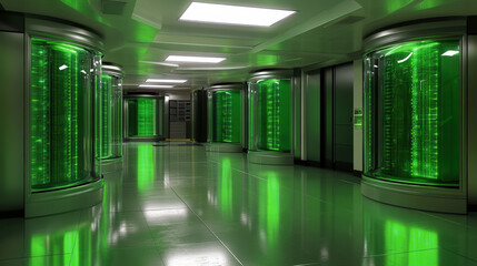 Hyper modern data center with glowing green servers and sleek design. futuristic environment showcases advanced technology and efficient data storage solutions, creating vibrant and high tech