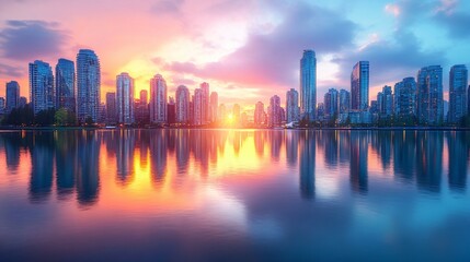 Fototapeta premium A stunning city skyline at sunset, with skyscrapers and buildings reflecting off the water