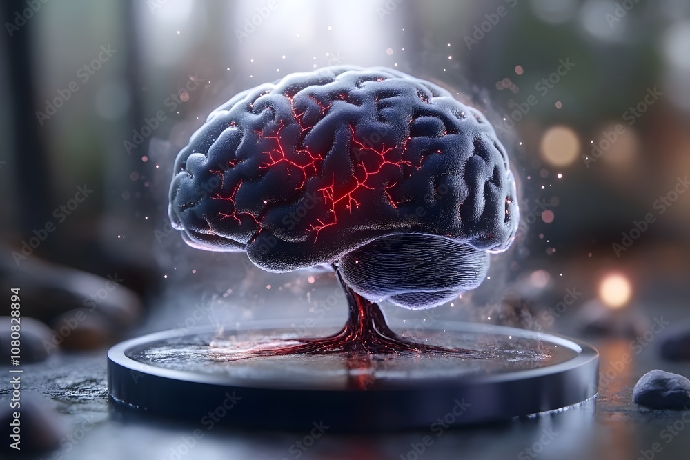 Poster futuristic brain model with glowing neural connections on display stand