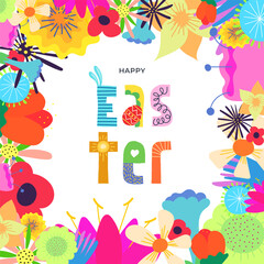 Happy Easter holiday party or sale promo square banner. Traditional spring religious Passover celebration greeting card. Bright floral festive modern frame. Colorful Paschal lettering design