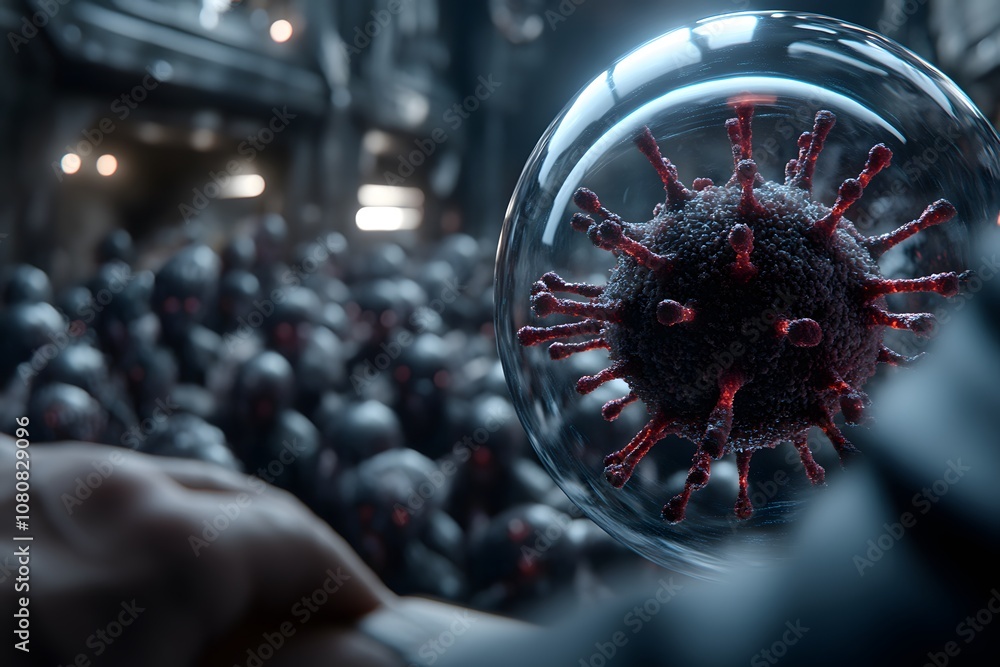 Poster close-up of virus cell in laboratory with robotic background representing viral research and contain