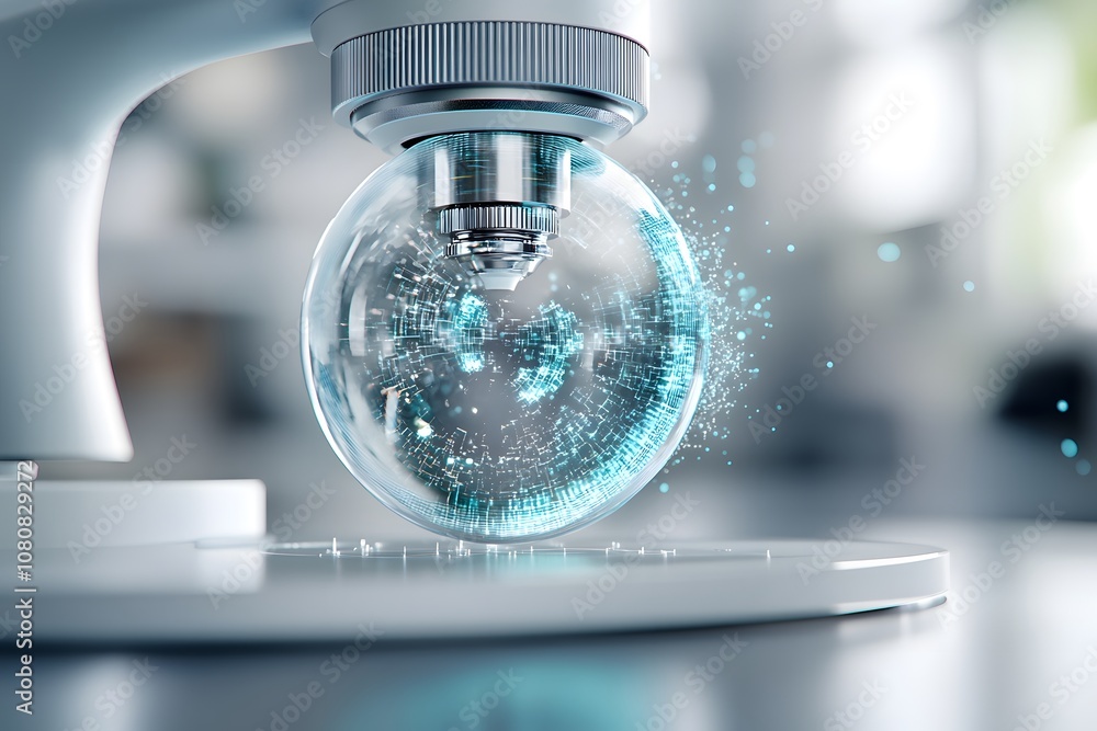 Poster futuristic digital sphere under microscope representing advanced data analysis and technology resear