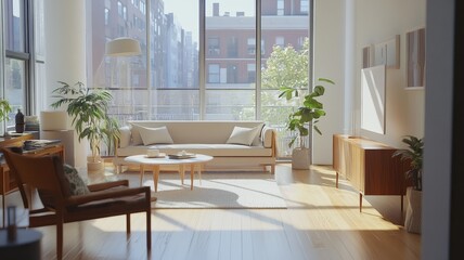 Fototapeta premium A bright, airy living room filled with natural light, featuring a neutral sofa, plants, and stylish decor, creating a cozy and welcoming atmosphere.
