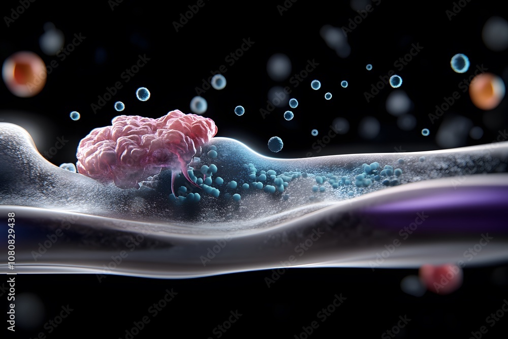 Poster microscopic view of cellular process with molecular particles and biological structures