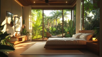 Fototapeta premium A serene bedroom featuring natural light, indoor plants, and a view of lush greenery, creating a peaceful and inviting atmosphere.