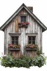 Weathered wooden house with flowers and greenery.