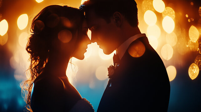 Wedding couple dancing under sparkling evening lights
