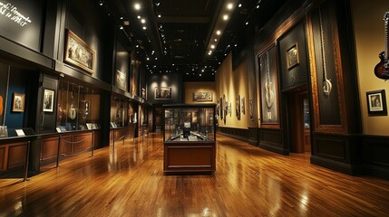 A Museum Hallway Displaying Guitars and Artwork