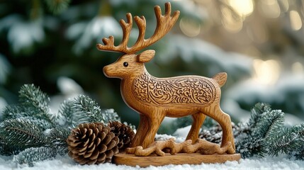 Obraz premium Intricately carved wooden reindeer figurine in snowy winter setting