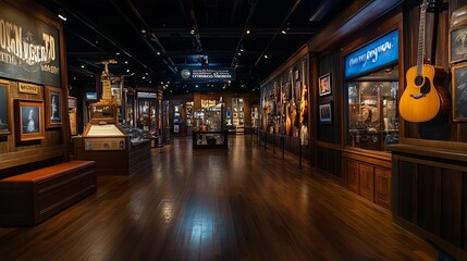 A Museum Hallway Displaying Musical Instruments and Artifacts