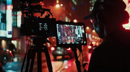 Behind the scene. Actor in front of the camera on the film set in film studio.