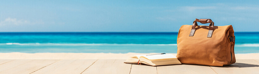 Naklejka premium Travel beach concept. Travelers duffel bag and journal on deserted beach, evoking serenity