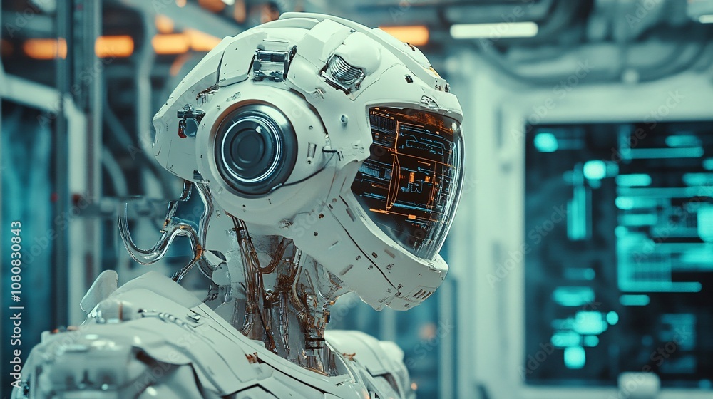 Poster futuristic astronaut robot wearing helmet with hud interface in spaceship cockpit
