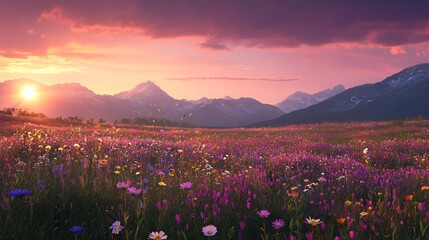 Majestic Mountain Sunrise Over Wildflower Meadow