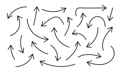 Doodle directions on white background. Different shaped lines. Outline flat design. Hand drawn simple arrows with editable stroke.
