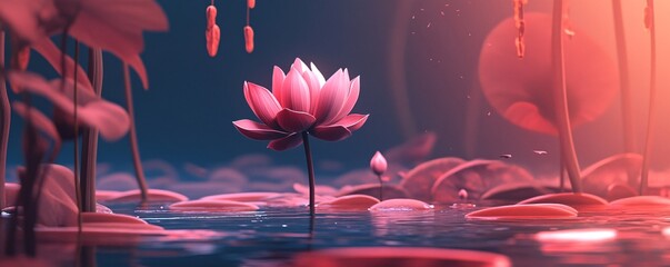 Pink lotus flower blooming in a fantasy pond at sunset