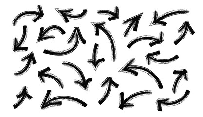 Black bold marker hand drawn arrows set. Collection of doodle thick pointer in different directions.