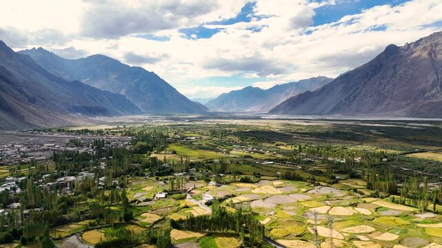 Aerial Drone shot of Nubra Valley in Ladakh. 