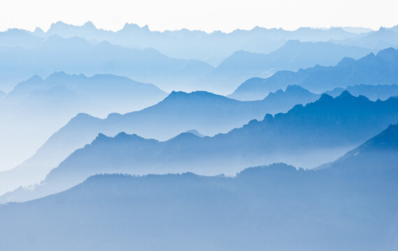 Hazy layered blue Mountain landscape, Santis, Appenzell Inner-Rhodes, Switzerland