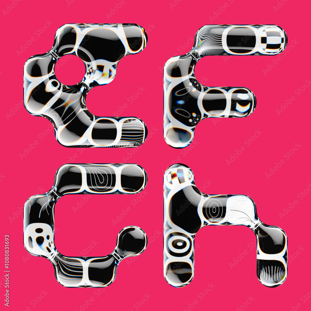 Poster set of 3d rendered font with abstract geometric shape and graphic pattern fill